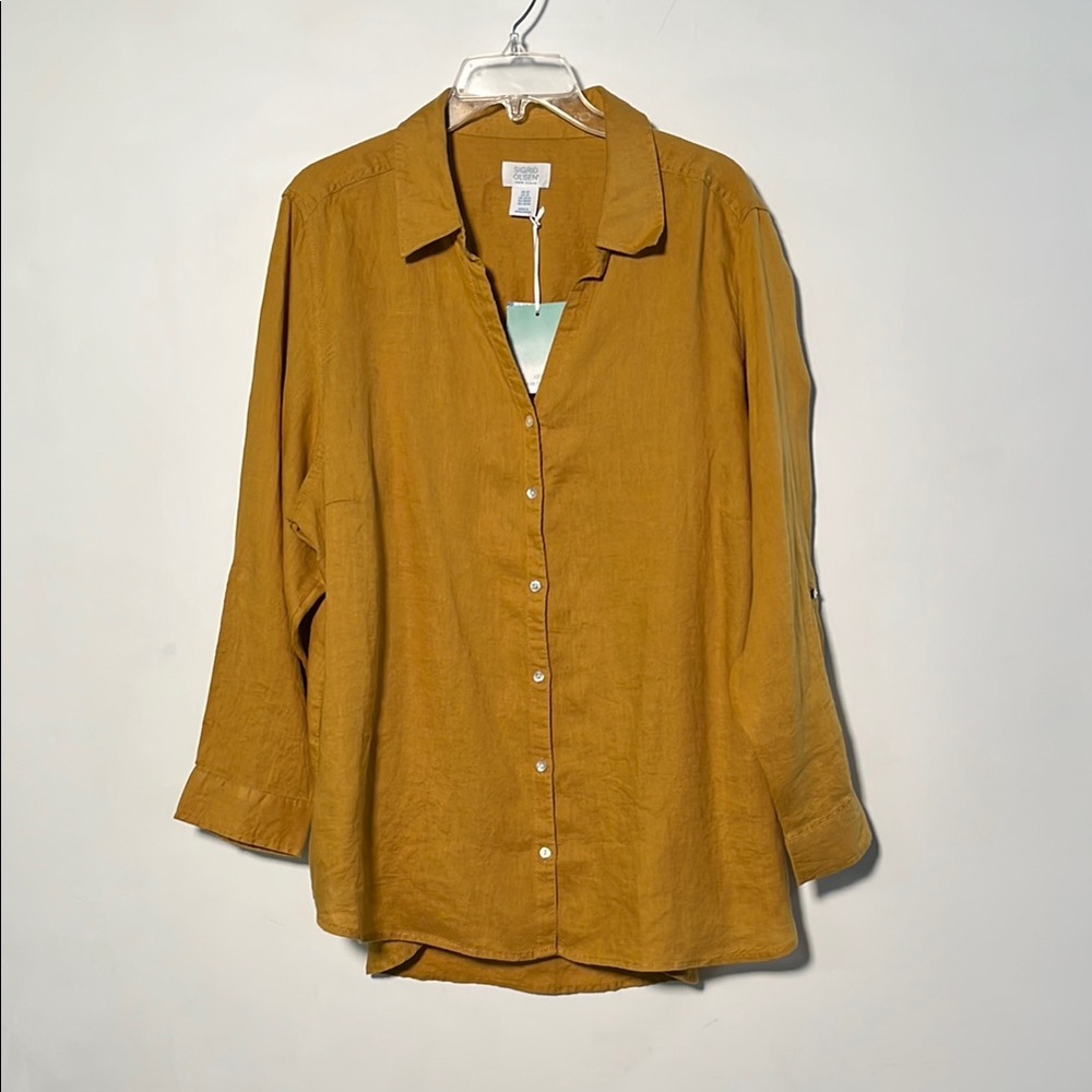 SIGRID OLSEN NWT 100% Linen Long Tab SLV V-Button Up Mustard Minimalist Top 2X